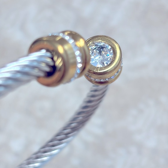 Gold & Silver Two-Tone Twisted Cable Cuff Bangle Bracelet Crystal Rhinestone - Picture 7 of 12